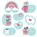 Valentine`s day sticker pack. Hearts, rainbow, gift box, speech bubble, flower, coffee mug, love mail and candy can. Royalty Free Stock Photo